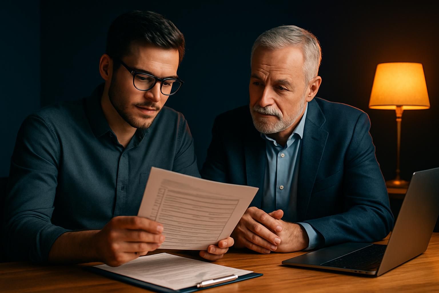 Geschäftsführer und Berater gehen gemeinsam eine Compliance-Checkliste durch